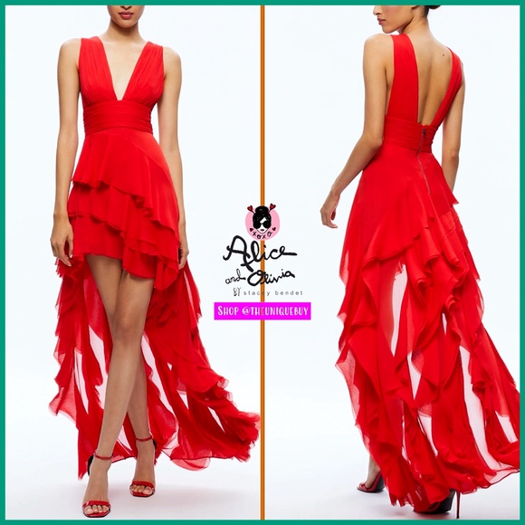 Alice + Olivia Holly Low Neck Asymmetric Ruffle Bright Ruby Red Maxi Dress - Picture 1 of 11